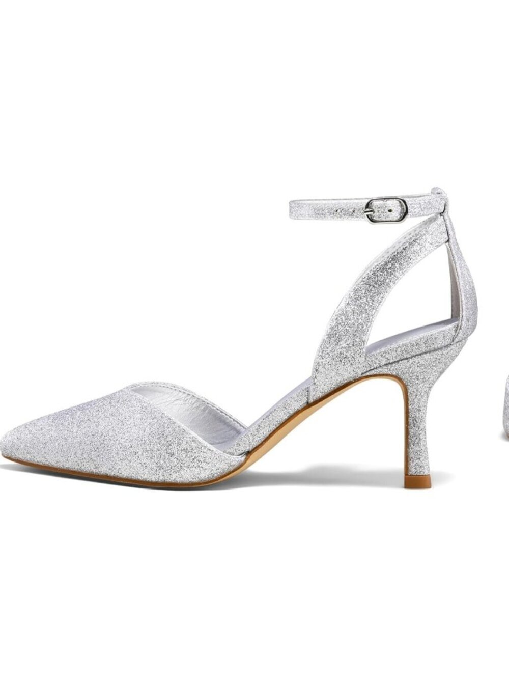 Women's Silver Glitter Pumps Shoes Pointed Toe Kitten Low Heels Ankle Strap